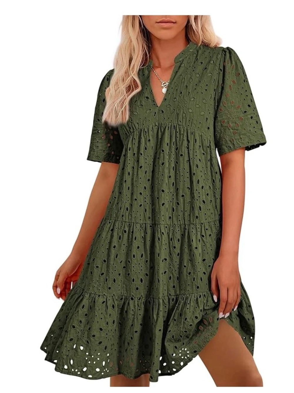 Olive Green Eyelet V-Neck Tiered Mini Dress